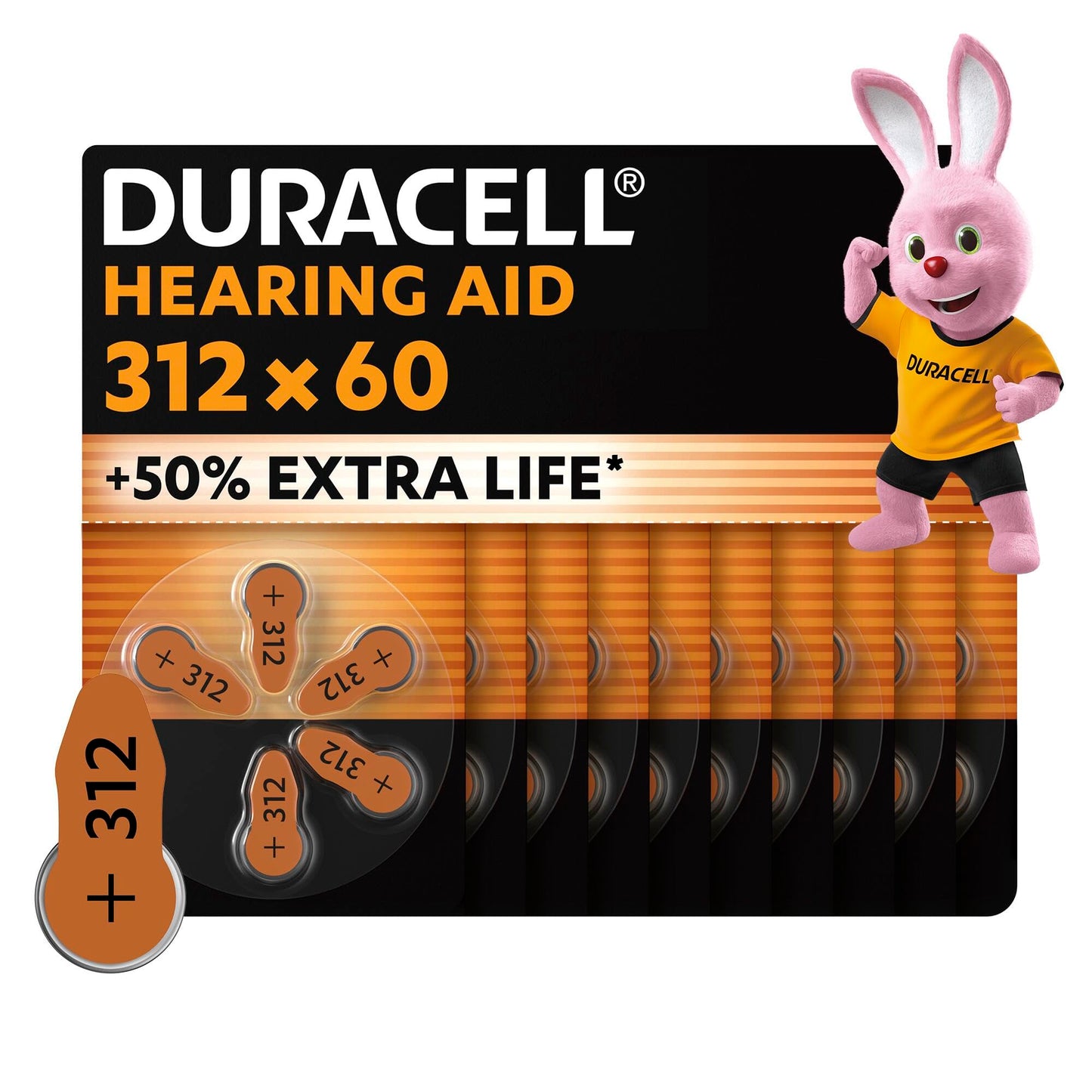 Duracell -batteries for hearing aids size 312 (60 pieces) up to 50% extra life, easy to use, 100% recyclable packaging