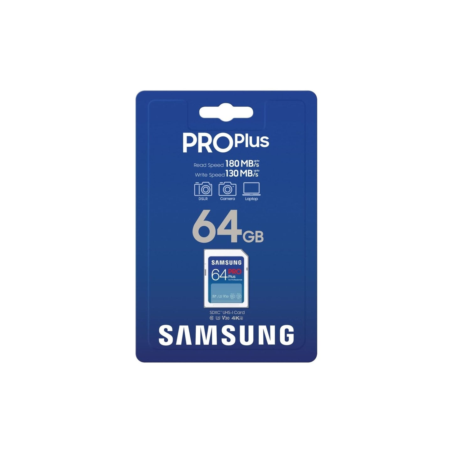 Samsung PRO Plus SD Memory Card, 64GB, UHS-I U3, Full HD & 4K UHD, 180MB/s Read, 130MB/s Write, for SLR Cameras and System Cameras, MB-SD64S/EU - NLMAX