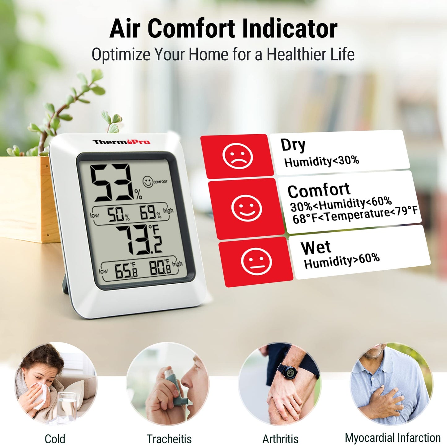 ThermoPro TP50 Digitale thermo-hygrometer, binnenthermometer, kamerthermometer met registratie en binnenklimaat-indicator voor klimaatregeling - NLMAX