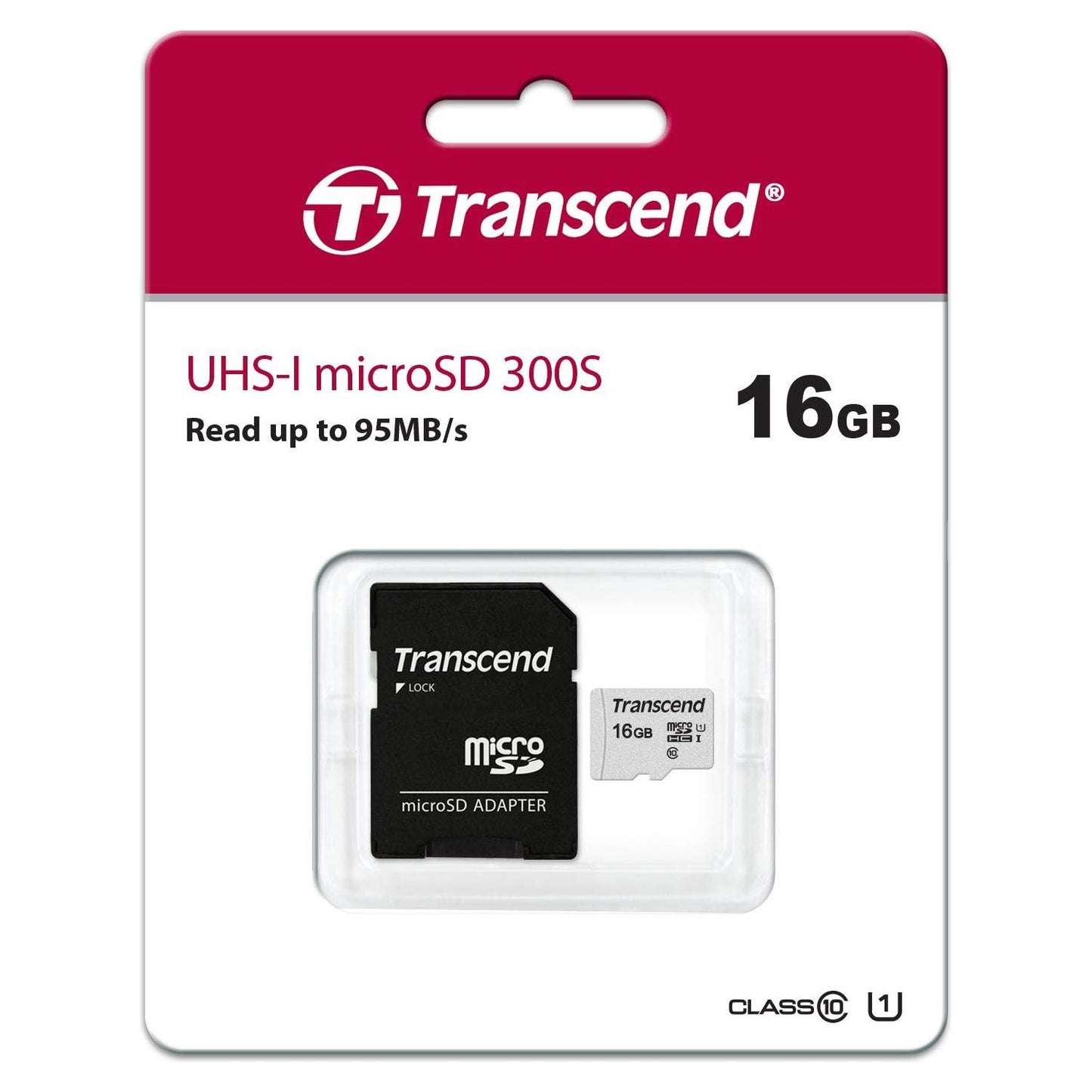 Transcend Ts16Gusd300S-A Microsdhc Geheugenkaart Met Adapter, I, C10, U1, Grijs, 16GB - NLMAX