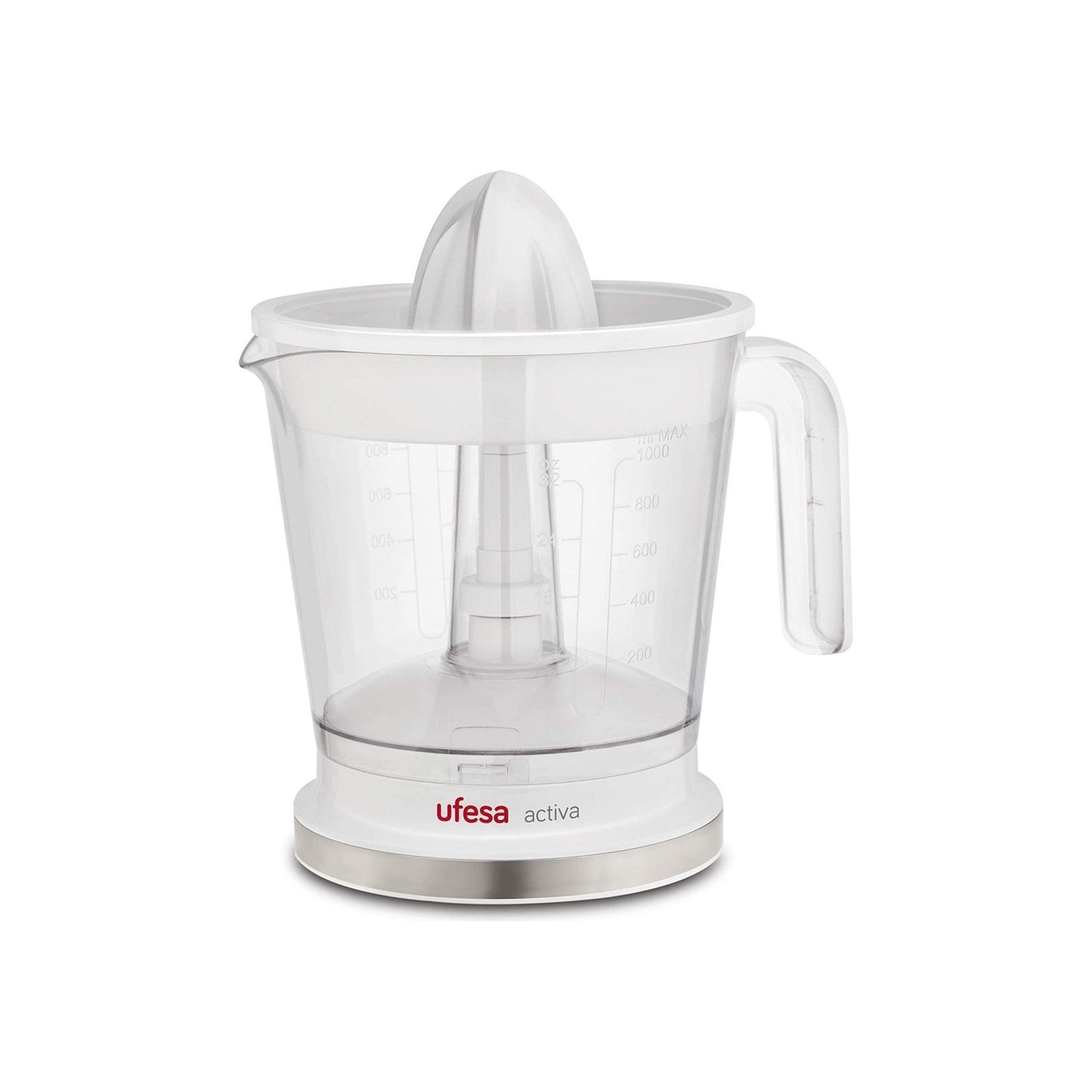 Ufesa Activa EX4942 Elektrische citruspers, 40W, Sapreservoir 1 l, Filter roestvrij staal, 2 verschillende Perskegels, Vaatwasmachinebestendig, Wit/Rood, BPA-vrij - NLMAX