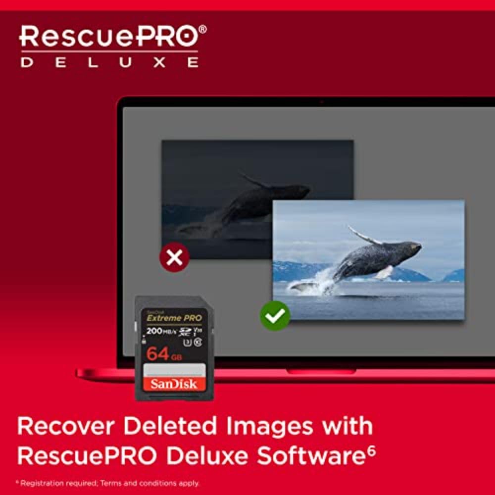 SanDisk Extreme PRO SDXC UHS‐I Card 64GB (4K UHD, Read Speeds Up to 200MB/s, Class 10, UHS-I, U3, V30, 2 Year RescruePRO Deluxe Software, Lifetime Limited Warranty) Black