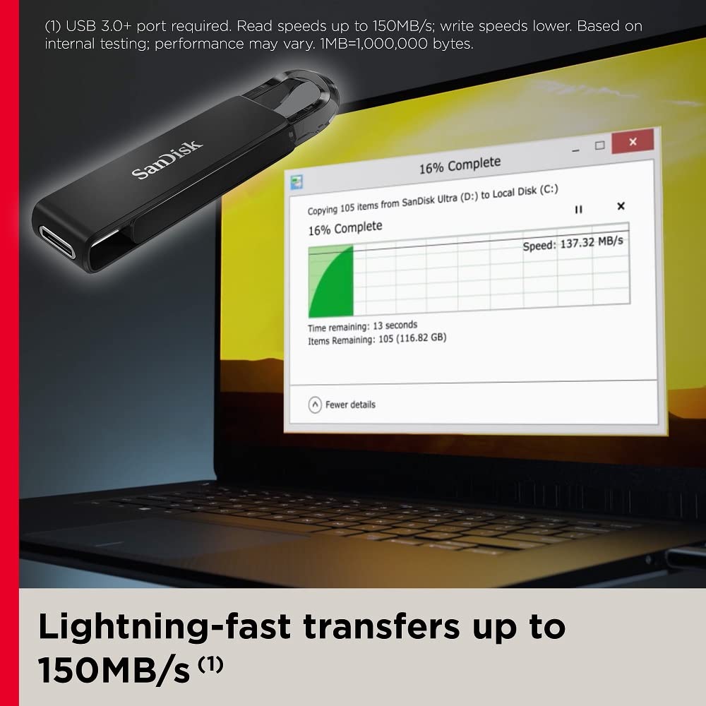 SanDisk Ultra USB Type-C Flash Drive 64GB (For USB Type-C Computers, Smartphones And Tablets, Read Speeds Up To 150MB/s, SanDisk SecureAccess Software, RescuePRO Deluxe Software, Back-Up Function)