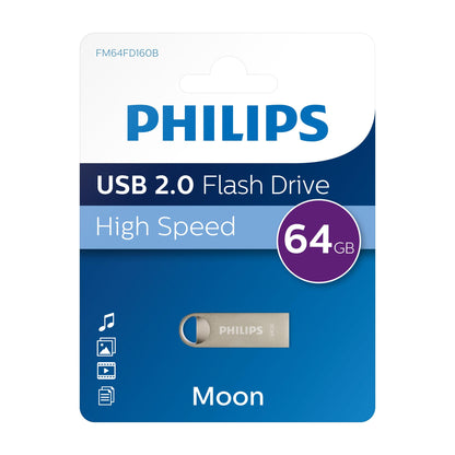 Philips Moon Edition High Speed 2.0 USB-stick 64 GB voor PC, laptop, computer, leessnelheid tot 20 MB/s, aluminium, sleutelhanger