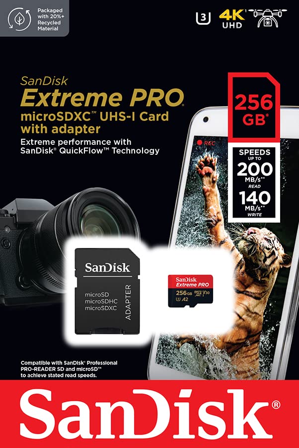 SanDisk Extreme PRO 256 GB MicroSDXC UHS‐I‐Kaart Met SD-Adapter (A2 App Performance, 2 Jaar RescuePRO Deluxe Software, Leessnelheden Tot 200 MB/s, Class 10, UHS-I, U3, V30, 30 Jaar Garantie) Zwart