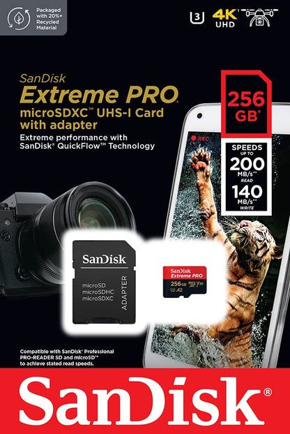 SanDisk Extreme PRO 256 GB MicroSDXC UHS‐I‐Kaart Met SD-Adapter (A2 App Performance, 2 Jaar RescuePRO Deluxe Software, Leessnelheden Tot 200 MB/s, Class 10, UHS-I, U3, V30, 30 Jaar Garantie) Zwart
