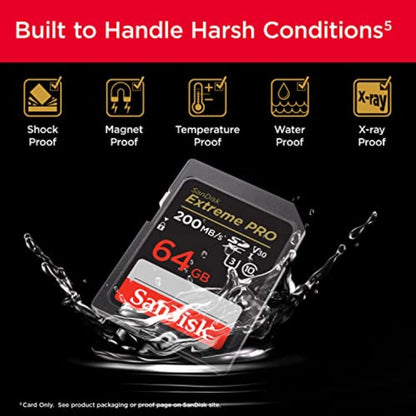 SanDisk Extreme PRO SDXC UHS‐I Card 64GB (4K UHD, Read Speeds Up to 200MB/s, Class 10, UHS-I, U3, V30, 2 Year RescruePRO Deluxe Software, Lifetime Limited Warranty) Black