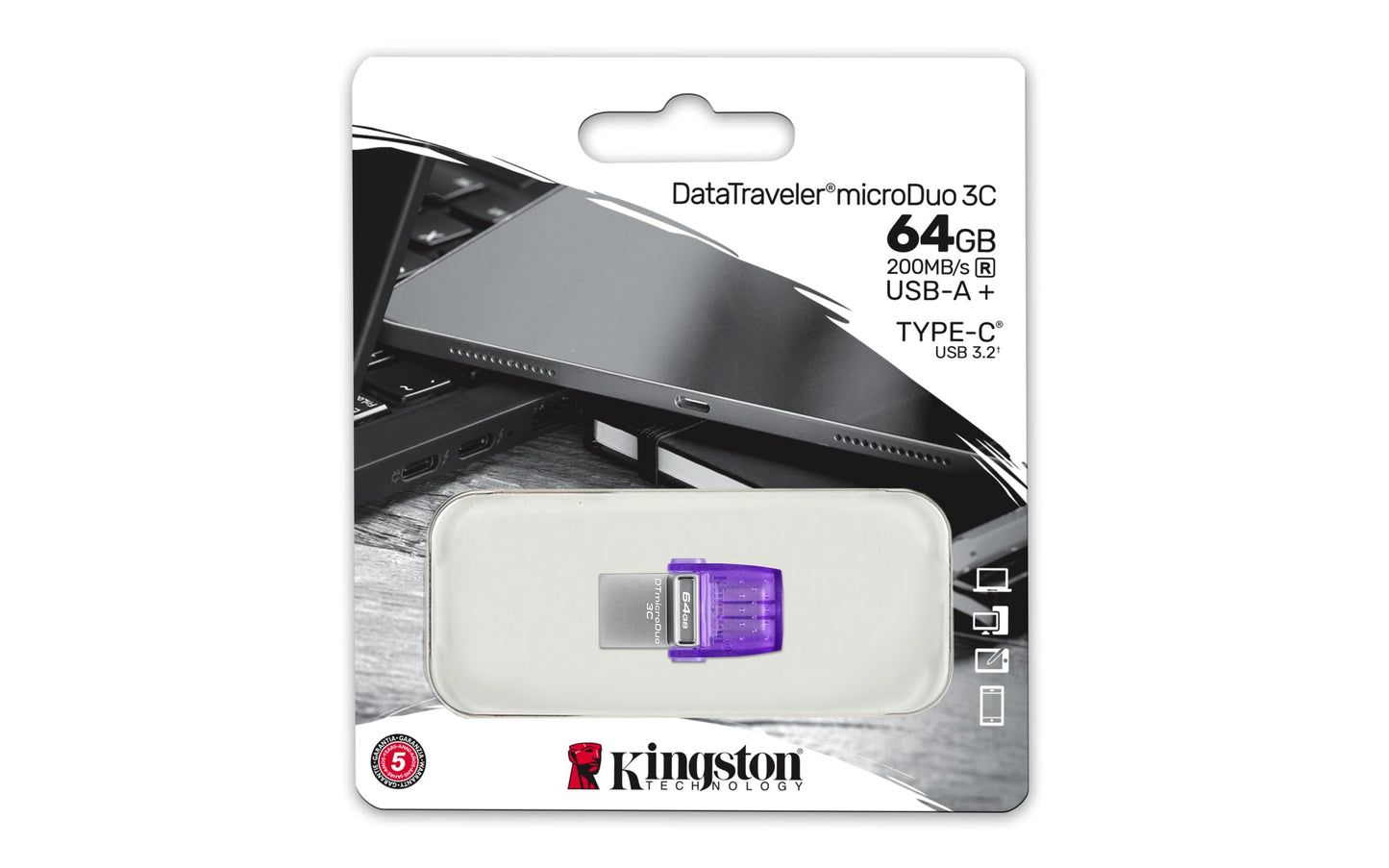 Kingston- Digital Media Product DTDUO3CG3/64GB 4GB DT MICRODUO 3C 200MB/S DUAL USB-A + USB-C,Paars + Zilver