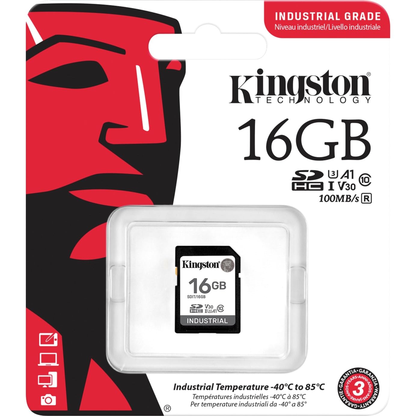 Kingston Industriële SD-kaart, tot 100 MB/s, hoog uithoudingsvermogen, UHS-I U3 V30 A1, (SDIT/16GB)