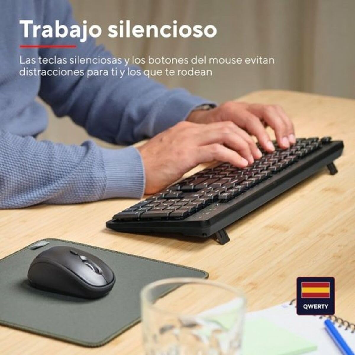 Trust Ymo II Pack Wireless Keyboard & Mouse, Spanish QWERTY Keyboard, Silent Keys, Low Profile Keys, Leak-proof, USB Receiver, Windows, Mac, PC, Laptop, Black