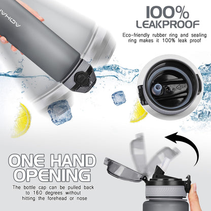 AOHAN 600 ml waterfles met lekvrije klapdeksel, BPA-vrije sportdrinkfles met rietje, vaatwasmachinebestendig, niet-giftige waterfles met draagriem
