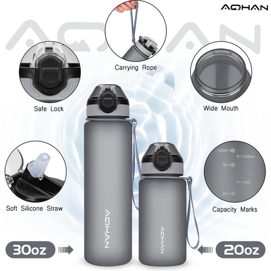 AOHAN 600 ml waterfles met lekvrije klapdeksel, BPA-vrije sportdrinkfles met rietje, vaatwasmachinebestendig, niet-giftige waterfles met draagriem