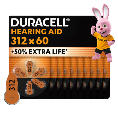 Duracell -batteries for hearing aids size 312 (60 pieces) up to 50% extra life, easy to use, 100% recyclable packaging