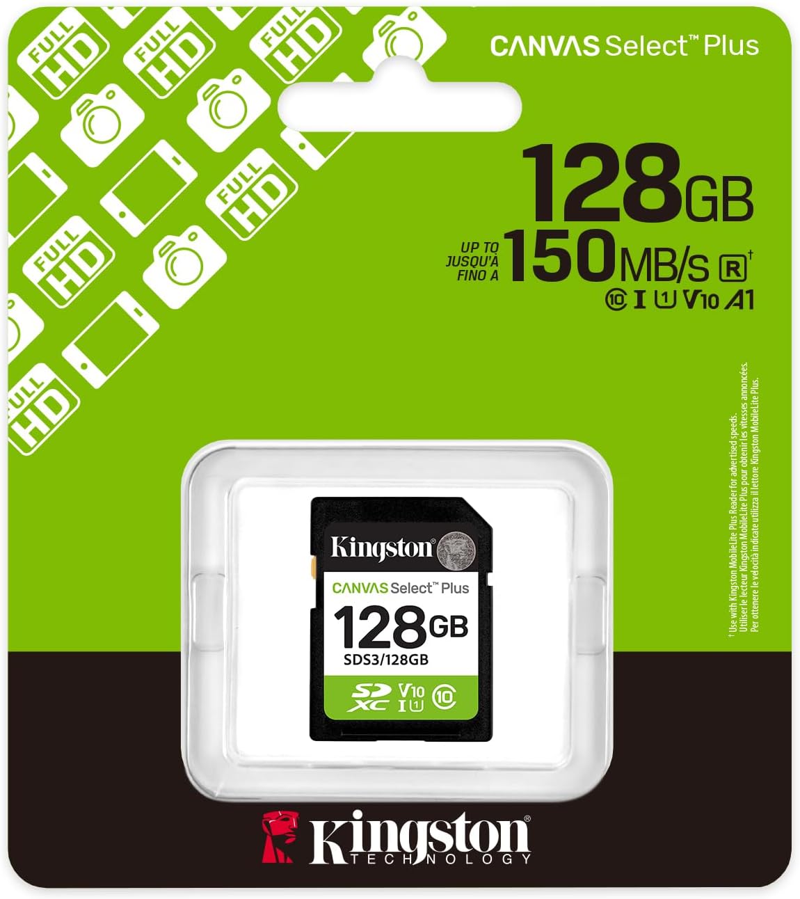 Kingston Canvas Select Plus SD Memory Card 128GB SDXC Gen3 150MB/s C10 UHS-I U1 V10