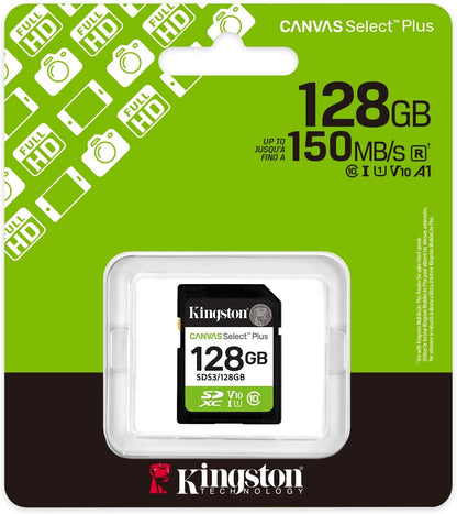 Kingston Canvas Select Plus SD Memory Card 128GB SDXC Gen3 150MB/s C10 UHS-I U1 V10