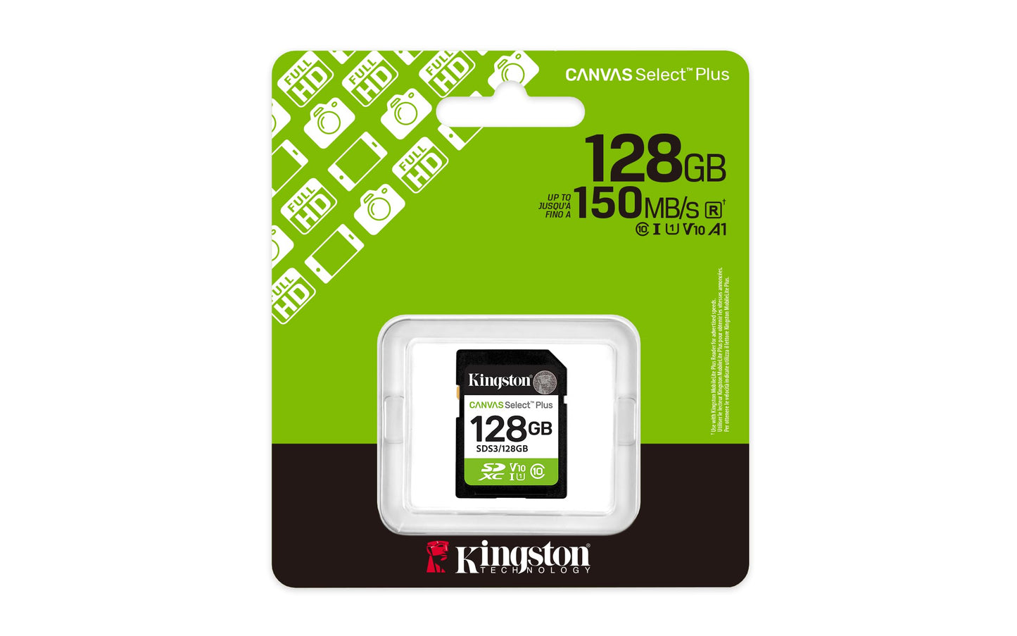 Kingston Canvas Select Plus SD Memory Card 128GB SDXC Gen3 150MB/s C10 UHS-I U1 V10 - SDS3/128GB