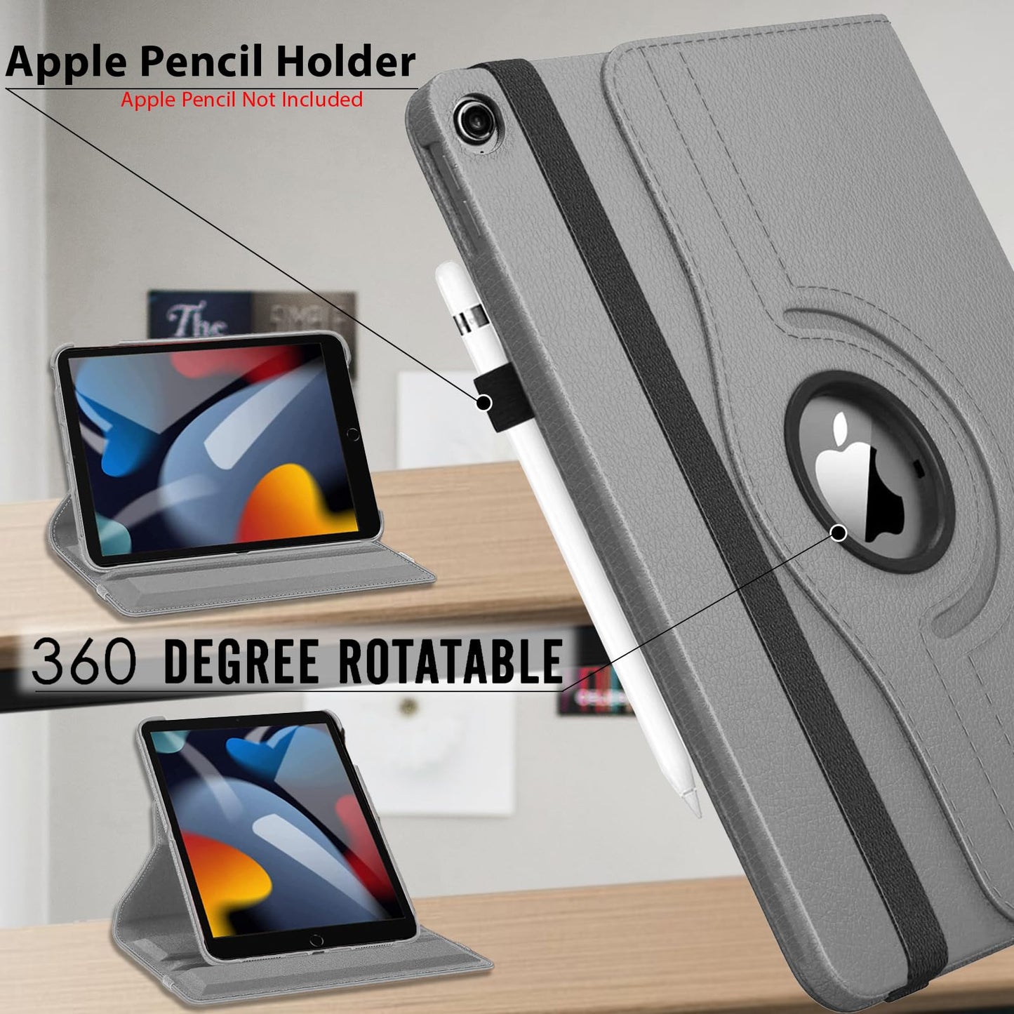 For iPad 9th Generation Case 10.2 Inch 2021, 8th Generation 2020, 7th Generation 2019, Rotatable Smart Cover with Auto Wake and Sleep, Gray