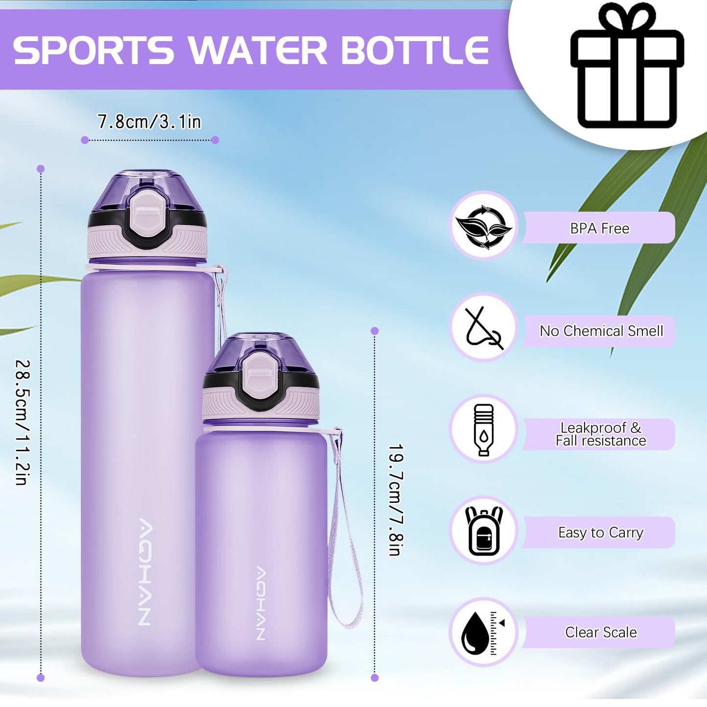 AOHAN 600ml Water Bottle with Leak-Proof Flip Lid, BPA Free Sports Drinking Bottle with Straw, Dishwasher Safe, Non-Toxic Water Bottle with Carry Strap