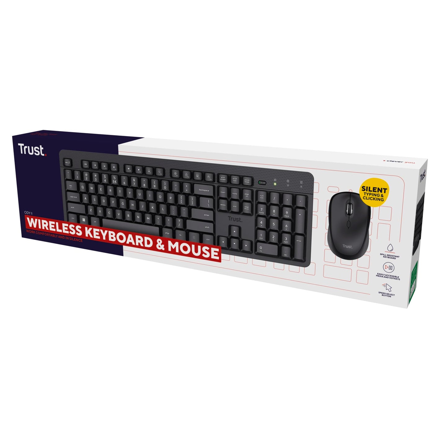 Trust Ody II Wireless Keyboard and Mouse Set Dutch QWERTY Layout, Silent Keys and Mouse Buttons, Wireless Keyboard and Mouse, Spill Proof Keyboard for PC, Computer, Laptop, Mac - Black