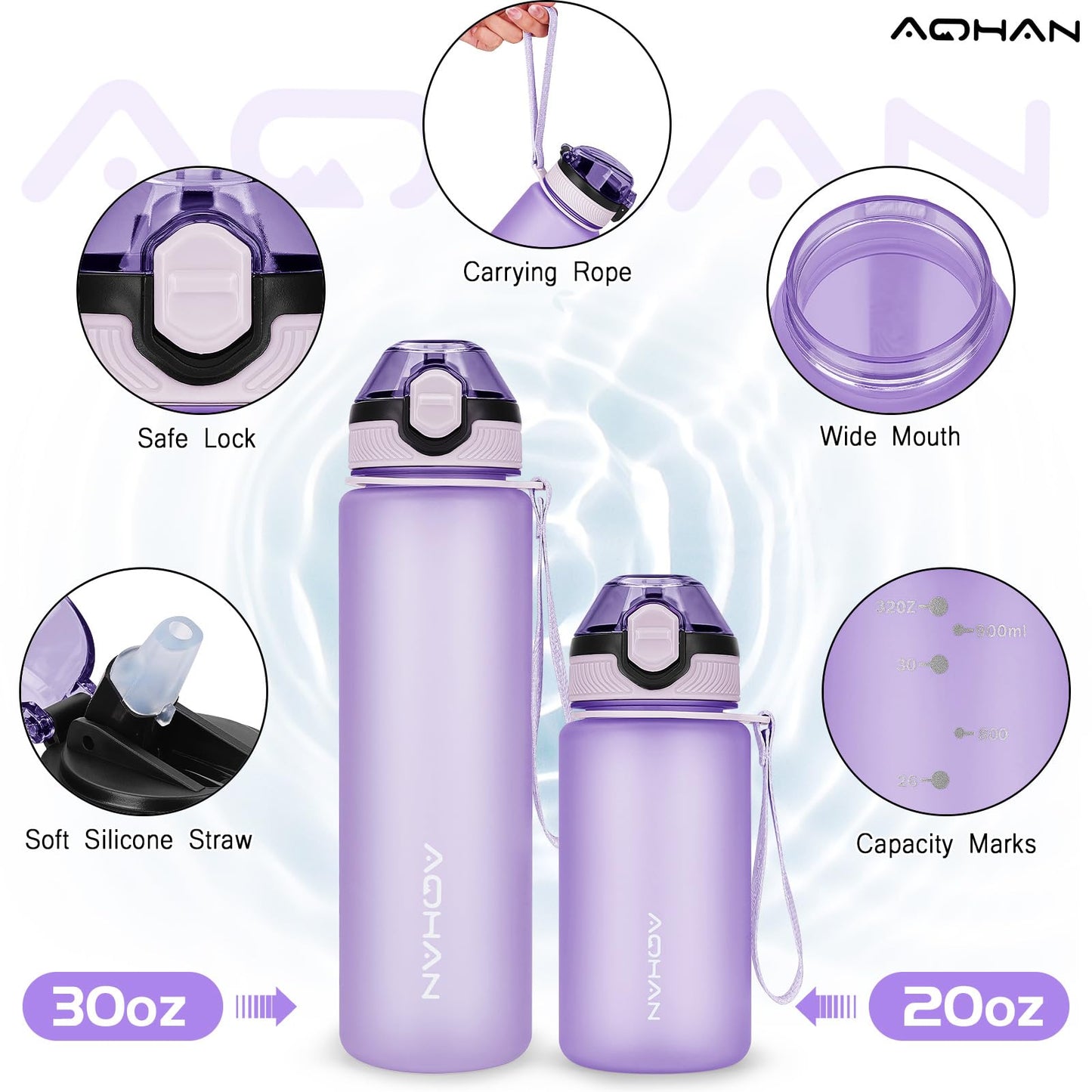 AOHAN 600ml Water Bottle with Leak-Proof Flip Lid, BPA Free Sports Drinking Bottle with Straw, Dishwasher Safe, Non-Toxic Water Bottle with Carry Strap