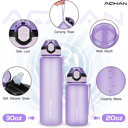 AOHAN 600ml Water Bottle with Leak-Proof Flip Lid, BPA Free Sports Drinking Bottle with Straw, Dishwasher Safe, Non-Toxic Water Bottle with Carry Strap