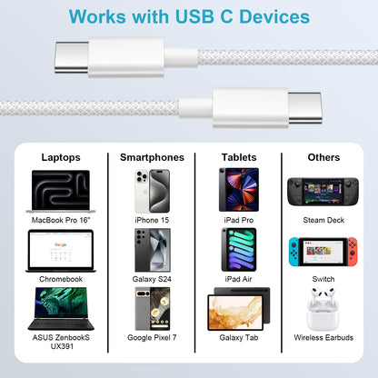 USB C to USB C Charging Cable 1M 2Pack, 60W Nylon Braided USB C to C Cable Original Fast Charge Type C Data Cable for Apple iPhone 16 15 Pro Plus Pro Max, Samsung Galaxy S24 S23, iPad Pro