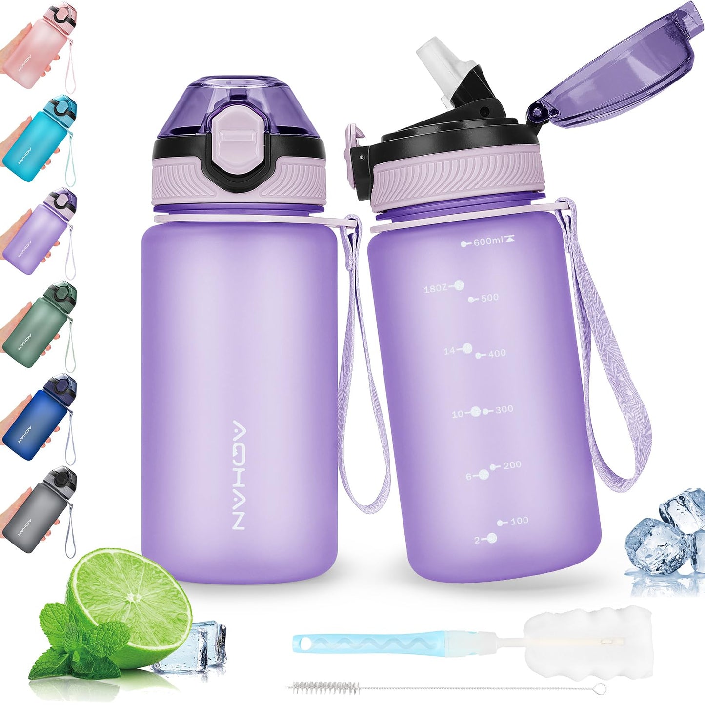 AOHAN 600ml Water Bottle with Leak-Proof Flip Lid, BPA Free Sports Drinking Bottle with Straw, Dishwasher Safe, Non-Toxic Water Bottle with Carry Strap