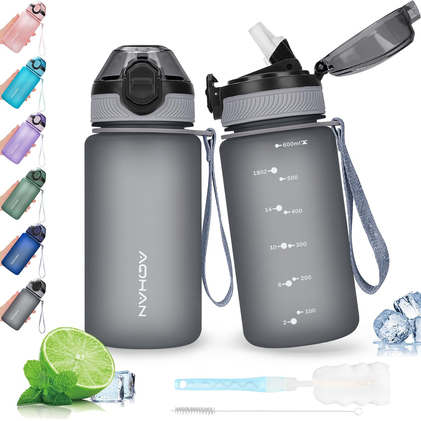 AOHAN 600 ml waterfles met lekvrije klapdeksel, BPA-vrije sportdrinkfles met rietje, vaatwasmachinebestendig, niet-giftige waterfles met draagriem