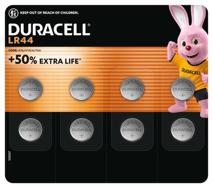 DURACELL LR44, 8 stuks, specialty alkalinebatterij 1,5V, A76, GAAN TOT 50% LANGER MEE – Voor Gebruik in Digitale Thermometers, Rekenmachines, Zaklampen, Polshorloges, Beveiligingssysteempanelen