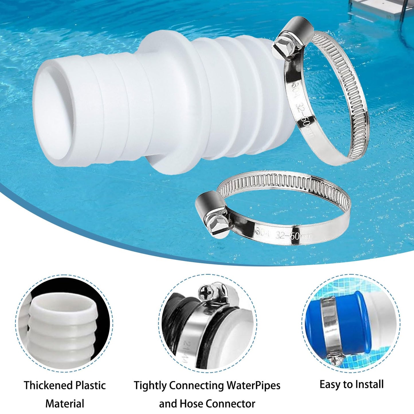 4pcs Pool Hose Connectors, 32mm to 32mm, Pool Hose Connector, Pool Hose Adapter with 4 Stainless Steel Hose Clamps