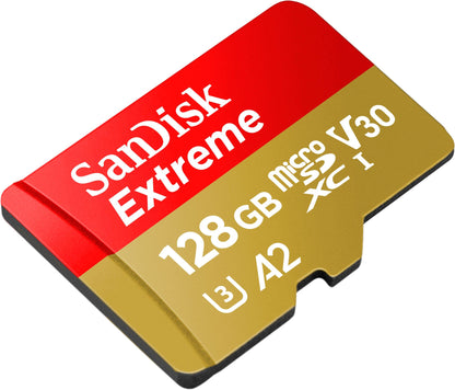 SanDisk Extreme MicroSD-Kaart Voor Actiecameras En Drones Met Adapter 128 GB (1 Jaar RescuePRO Deluxe, Leessnelheden Tot 190 MB/s, A2, C10, V30, U3, 30 Jaar Garantie) Rood/Goud