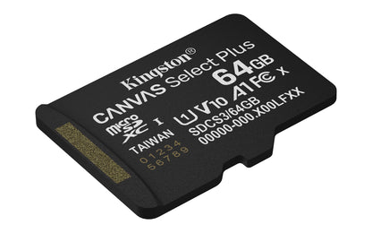 Kingston Canvas Select Plus microSD Geheugenkaart 64GB micSDXC Gen3 100R A1 enkel pakket zonder ADP - SDCS3/64GBSP