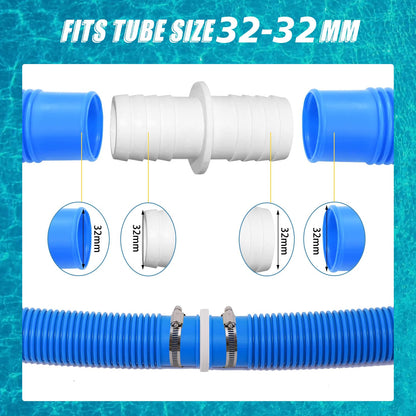 4pcs Pool Hose Connectors, 32mm to 32mm, Pool Hose Connector, Pool Hose Adapter with 4 Stainless Steel Hose Clamps