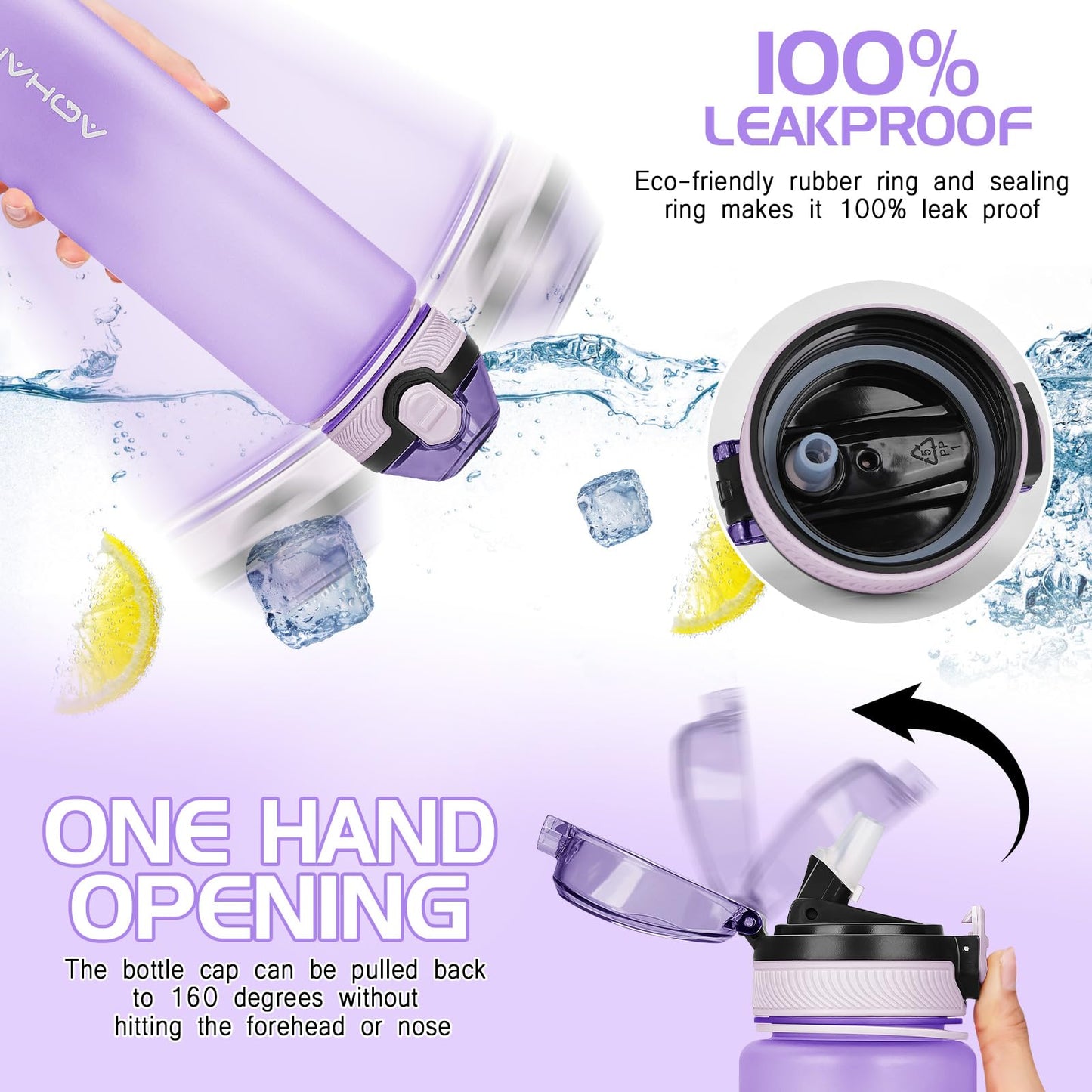 AOHAN 600ml Water Bottle with Leak-Proof Flip Lid, BPA Free Sports Drinking Bottle with Straw, Dishwasher Safe, Non-Toxic Water Bottle with Carry Strap