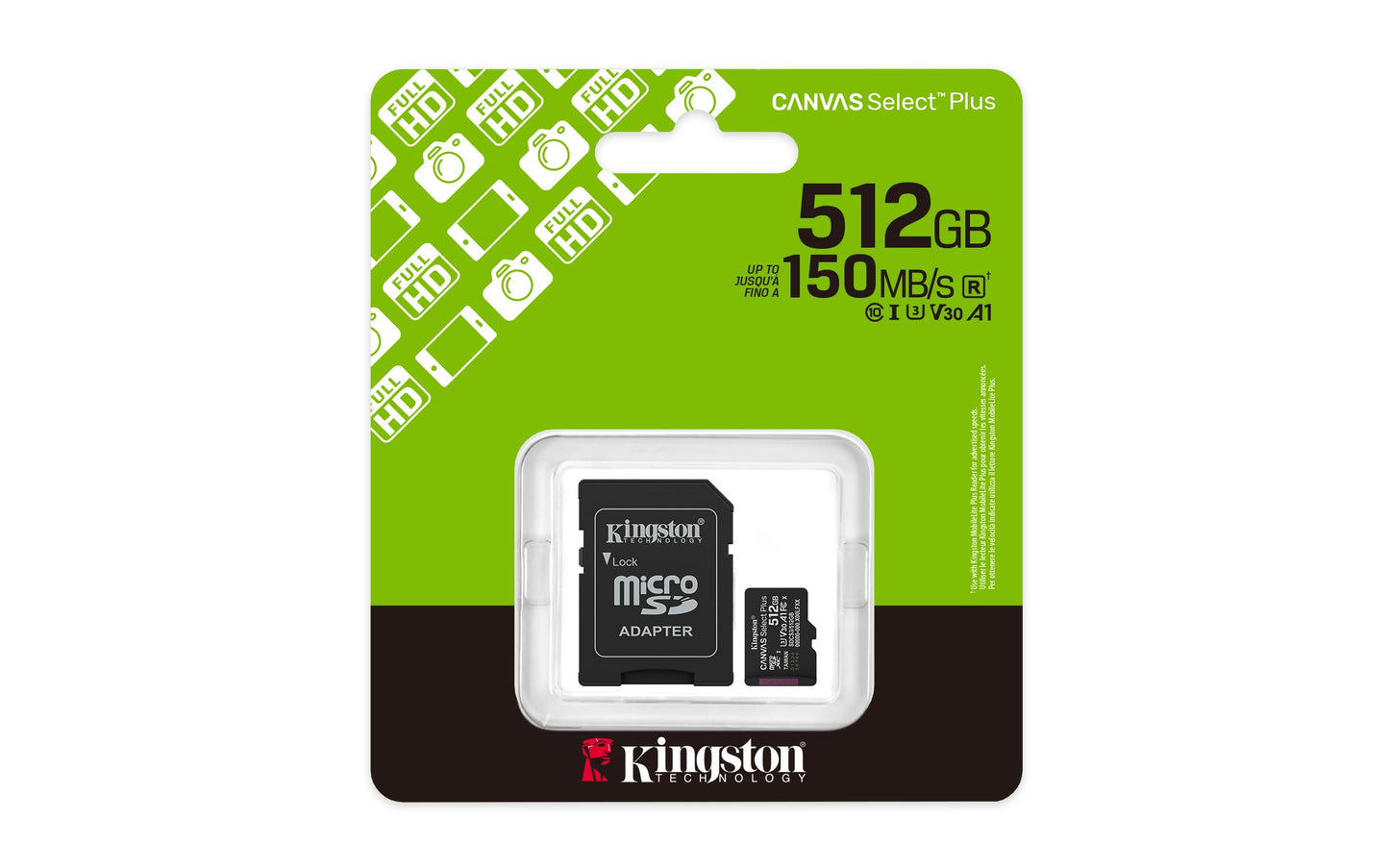 Kingston Canvas Select Plus microSD Geheugenkaart 512GB microSDXC Gen3 150MB/s A1 kaart + adapter - SDCS3/512GB