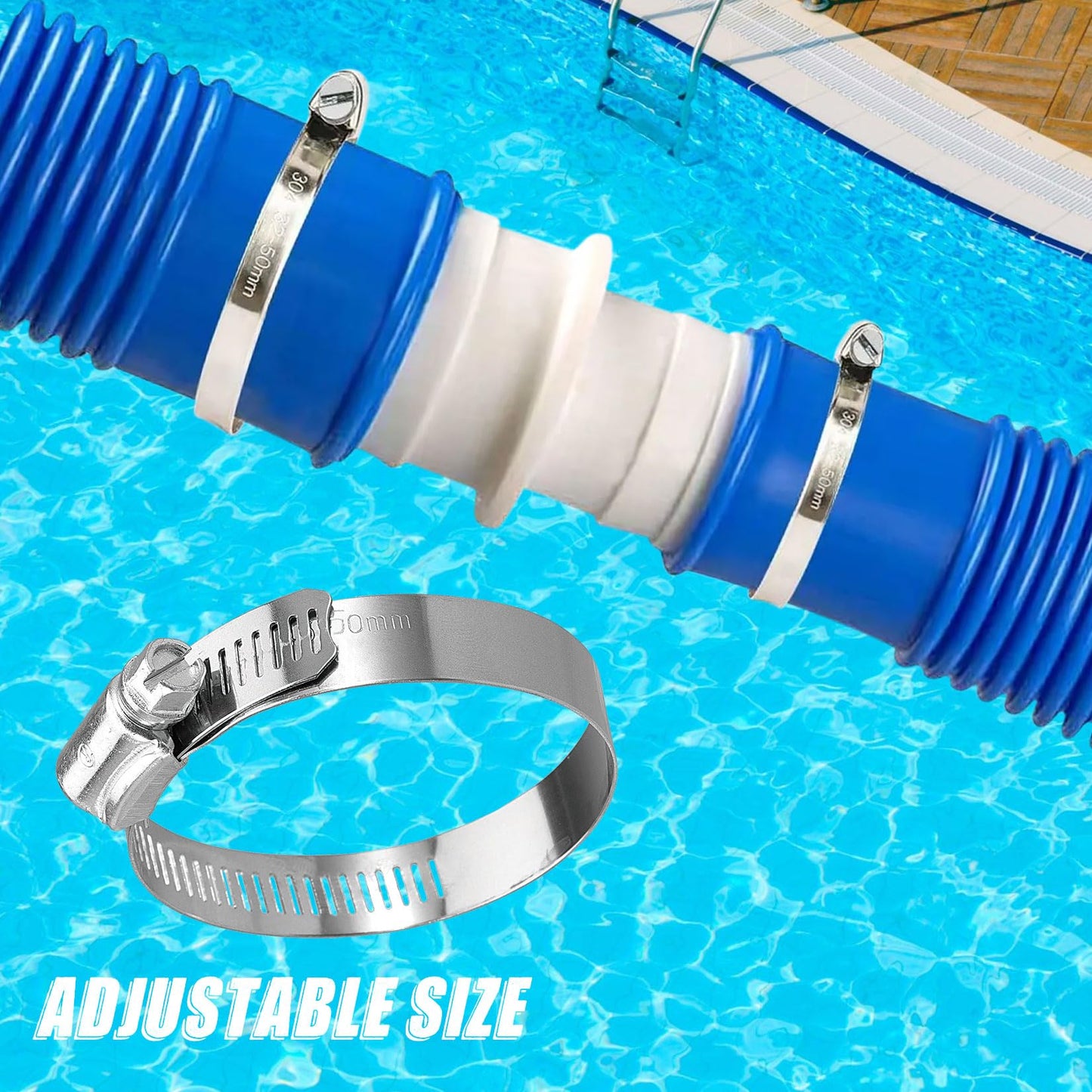 4pcs Pool Hose Connectors, 32mm to 32mm, Pool Hose Connector, Pool Hose Adapter with 4 Stainless Steel Hose Clamps