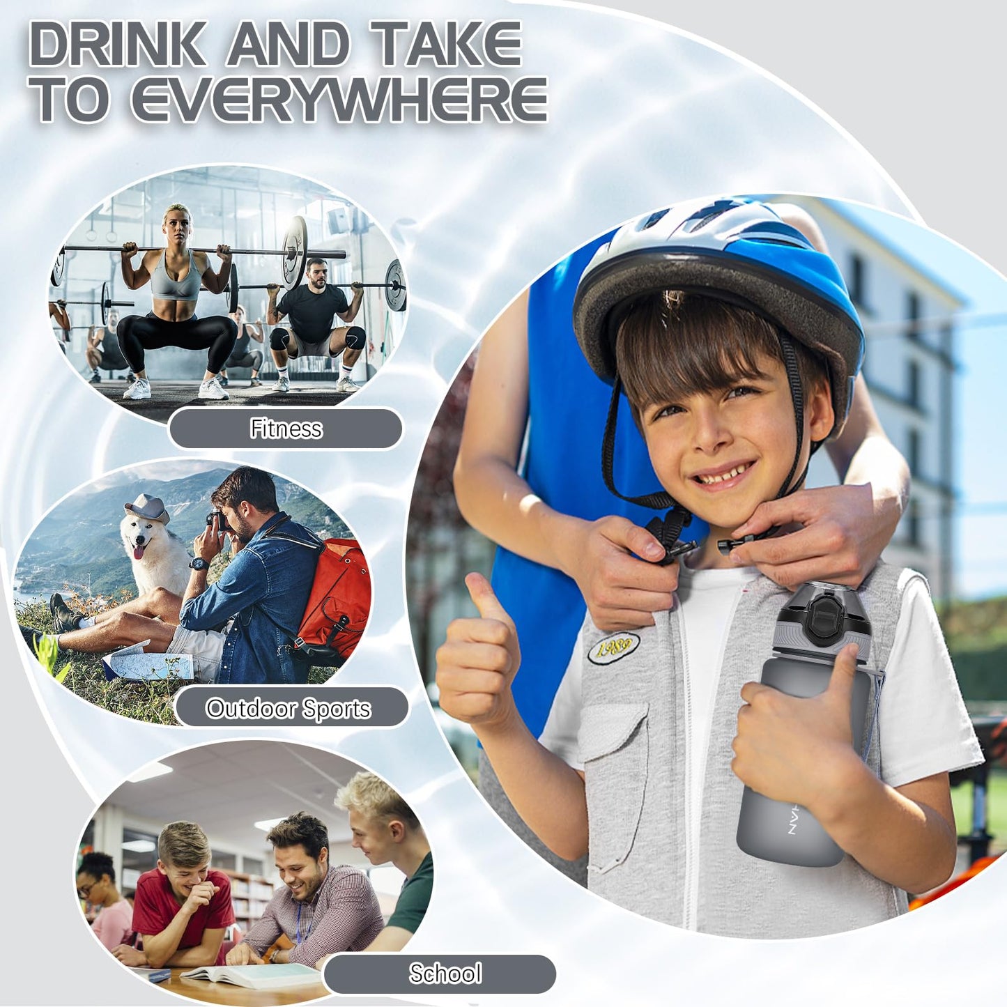AOHAN 600 ml waterfles met lekvrije klapdeksel, BPA-vrije sportdrinkfles met rietje, vaatwasmachinebestendig, niet-giftige waterfles met draagriem