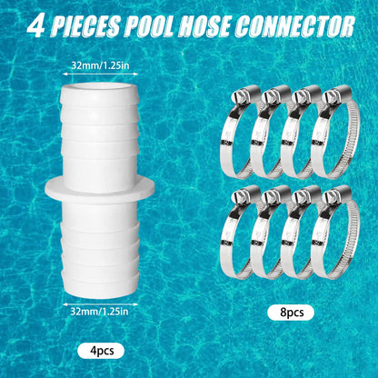 4pcs Pool Hose Connectors, 32mm to 32mm, Pool Hose Connector, Pool Hose Adapter with 4 Stainless Steel Hose Clamps