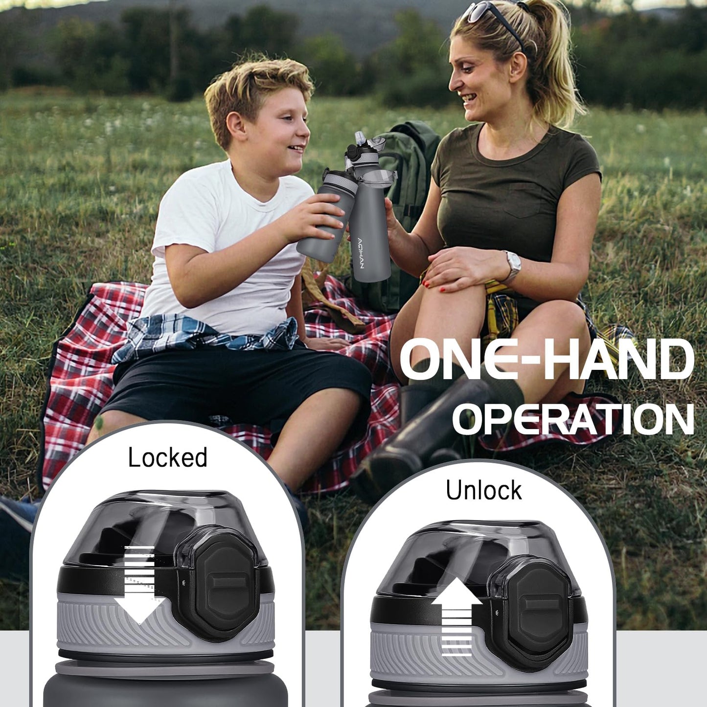 AOHAN 600 ml waterfles met lekvrije klapdeksel, BPA-vrije sportdrinkfles met rietje, vaatwasmachinebestendig, niet-giftige waterfles met draagriem