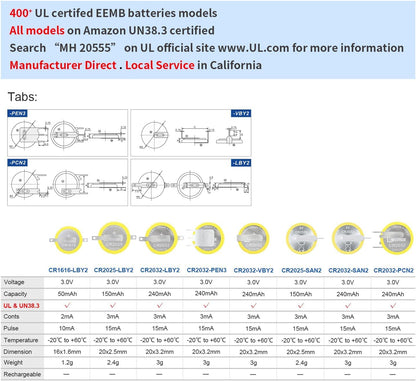 EEMB 10 PACK Tabbed CR2032 Batterij met Solder Tabs 3V Lithium Batterij 2032 Coin Cell Lithium Batteries voor Sensor Radio Gameboy Kleur Game Batterij Vervanging (VBY2) - NLMAX
