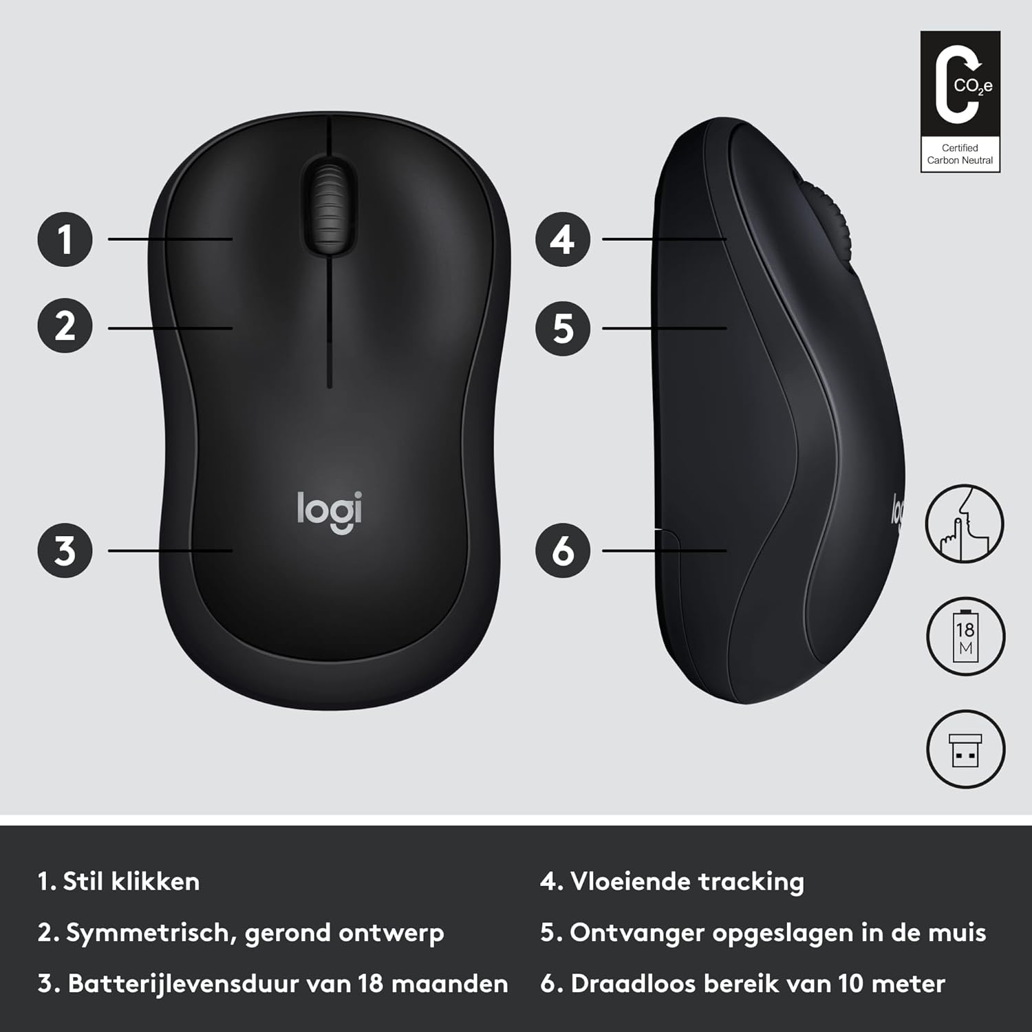 Logitech M220 SILENT Draadloze Muis, 2,4 GHz met USB - Ontvanger, 1000 DPI Optische Tracking, 18 Maanden Batterij, Tweehandig, Compatibel met PC, Mac, Laptop - Grijs - NLMAX