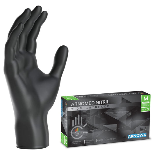 ARNOMED wegwerphandschoenen zwart, nitril handschoenen M, 100 stuks per doos, poedervrij & latexvrij, verkrijgbaar in maat XS, S, M, L, XL & XXL - NLMAX