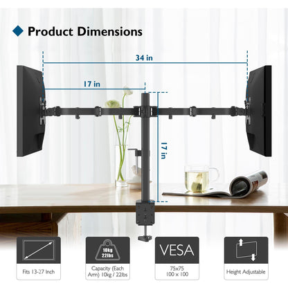 BONTEC Dubbele Monitorstandaard voor 13-27 inch Scherm, Monitor Arm 2 Schermen in hoogte Verstelbaar 430mm Kantelbaar ±90 ° Draaibaar 180 ° Draai 360 °, Tot 10 kg per Arm, VESA 75/100, Zwart - NLMAX