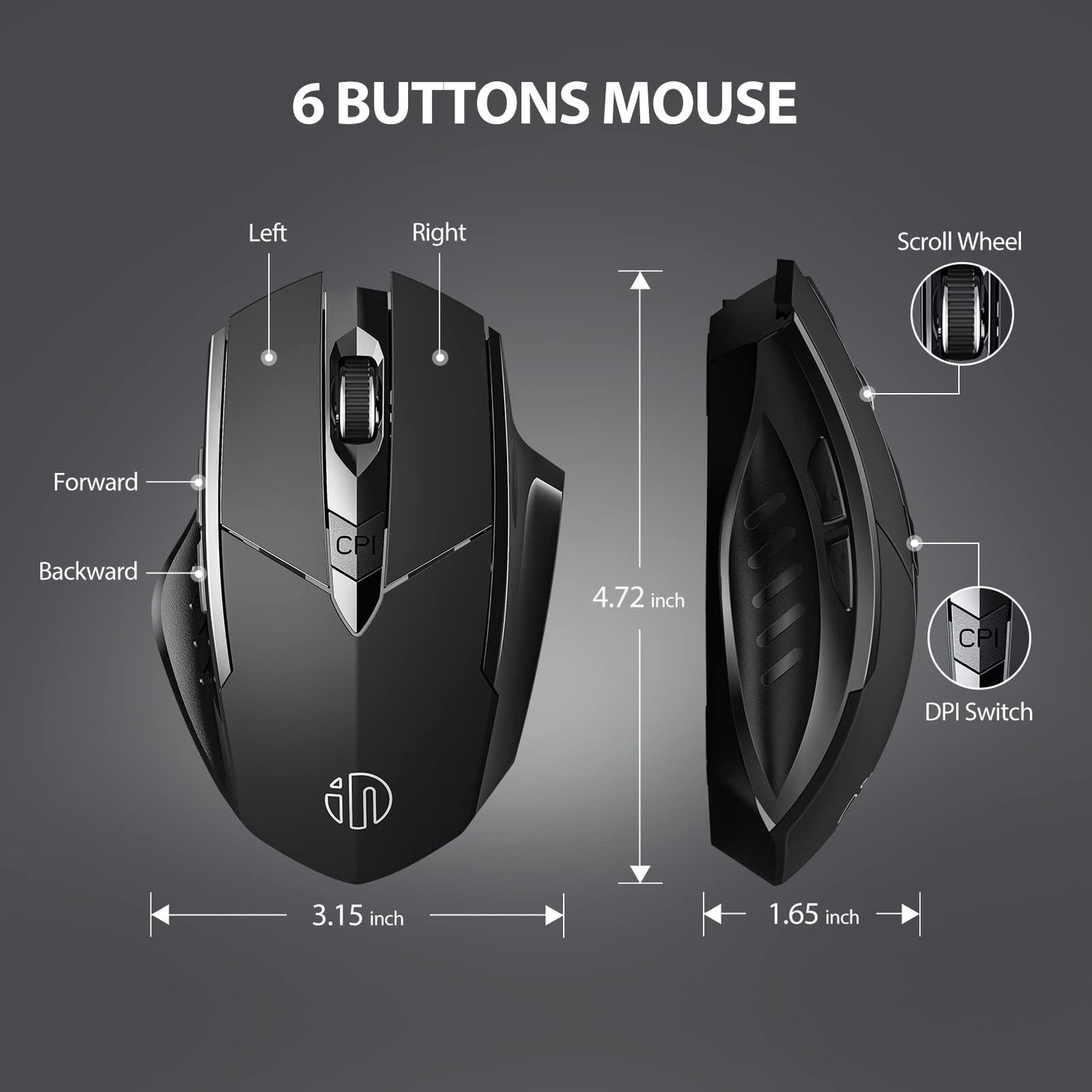Draadloze oplaadbare muis , ergonomische 2.4g met usb nano-ontvanger. 6 toetsen, zwart - NLMAX