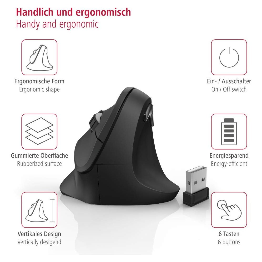 Hama verticale ergonomische muis, draadloos muis voor rechtshandigen, 6 knoppen - NLMAX
