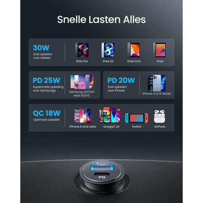 INIU Autolader [USB C 30W+USB A 30W] PD3.0 5A Autolader Adapter Dual Port Snelle Oplading, Alle Metalen Sigarettenaansteker Usb C Charger voor iPhone 14 13 12 11 Pro Max Samsung Huawei Xiaomi AirPods - NLMAX