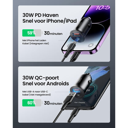 INIU Autolader [USB C 30W+USB A 30W] PD3.0 5A Autolader Adapter Dual Port Snelle Oplading, Alle Metalen Sigarettenaansteker Usb C Charger voor iPhone 14 13 12 11 Pro Max Samsung Huawei Xiaomi AirPods - NLMAX