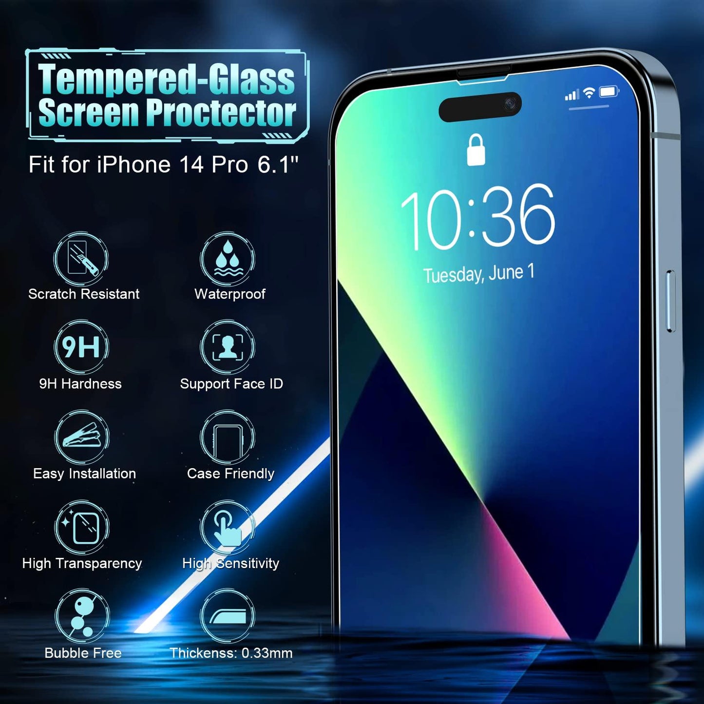 iPhone 14 Pro Glas Screen Protector gehard glas Film 6,1-inch, volledige dekking 3-Pack Bubble Free, Case-Friendly, - NLMAX