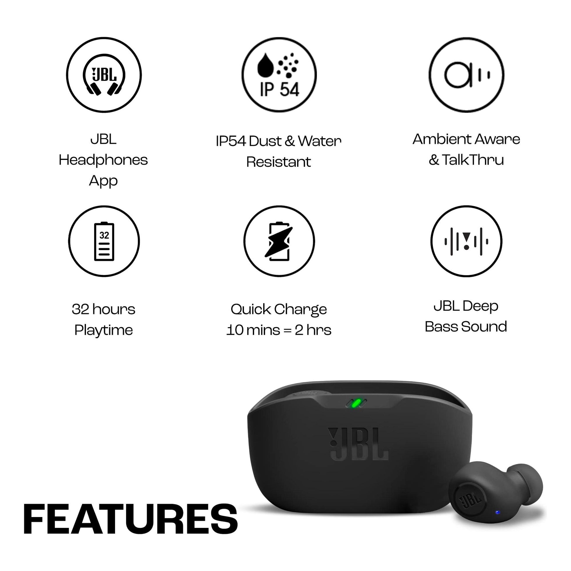 JBL JBLWBUDSBLK Wave Buds draadloze in ear oordopjes met IP54 en IPX2 waterdichtheid krachtige bas en batterijduur van 32 uur in zwart/wit/in blauw/beige/mint. Eén maat - NLMAX