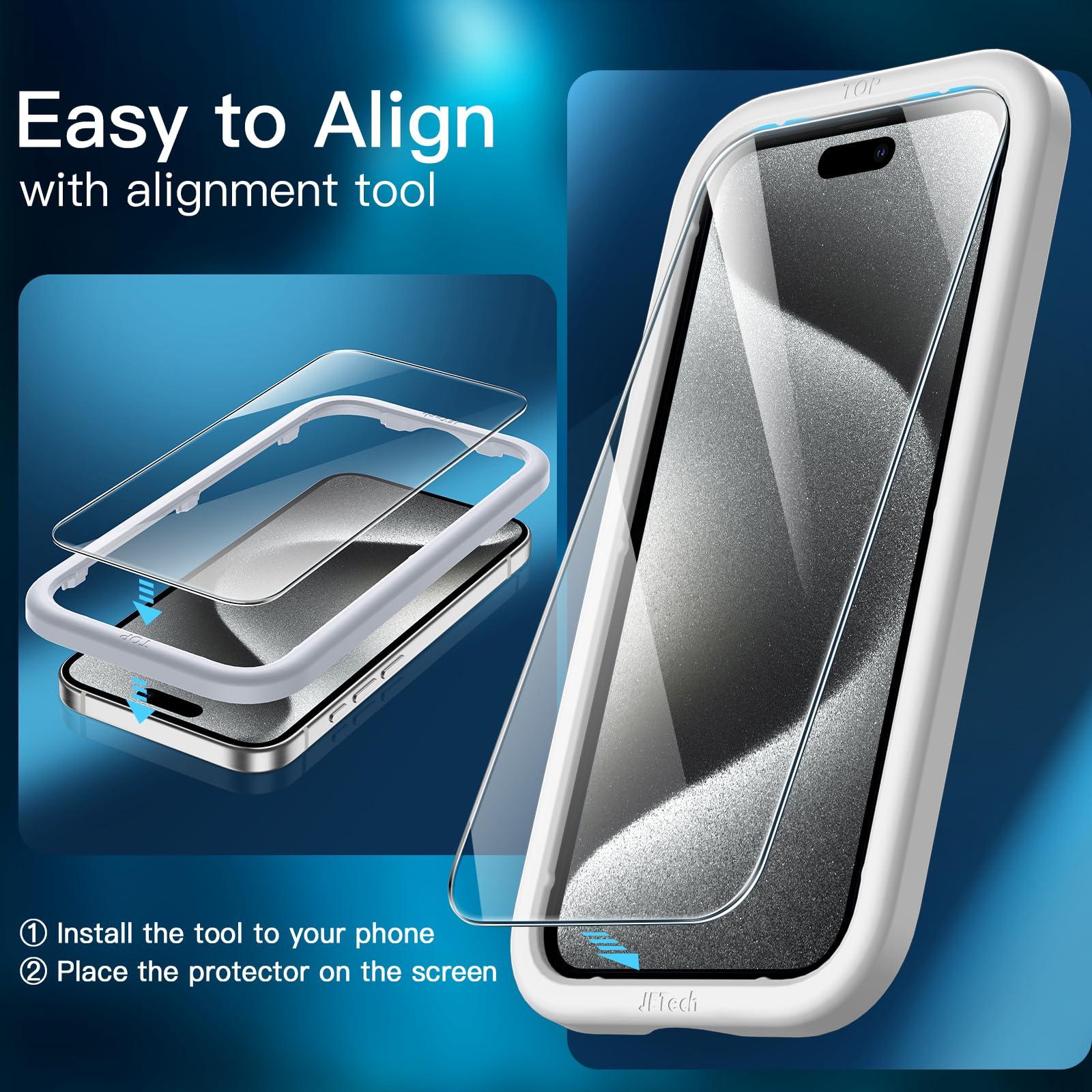 JETech Screen Protector voor iPhone 15 Pro 6,1-Inch, Volledige Dekking Gehard Glas Film Schermbeschermer met Eenvoudige Installatietool, Hoesje-Vriendelijk, HD Doorzichtig, 3-Stuks - NLMAX